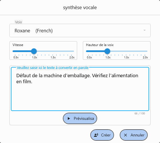 Écran Text to Speech (synthèse vocale). Choisissez une voix, réglez la vitesse et la hauteur, puis générez la parole à partir du texte saisi.