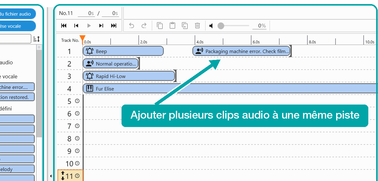&Eacute;cran d'&eacute;dition des listes de lecture dans PATLITE Audio Builder